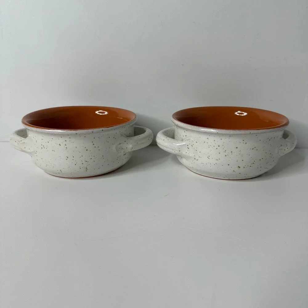 2 De Silva Italy Glazed Speckled Terracotta Soup Bowls Double Handles Farmhouse